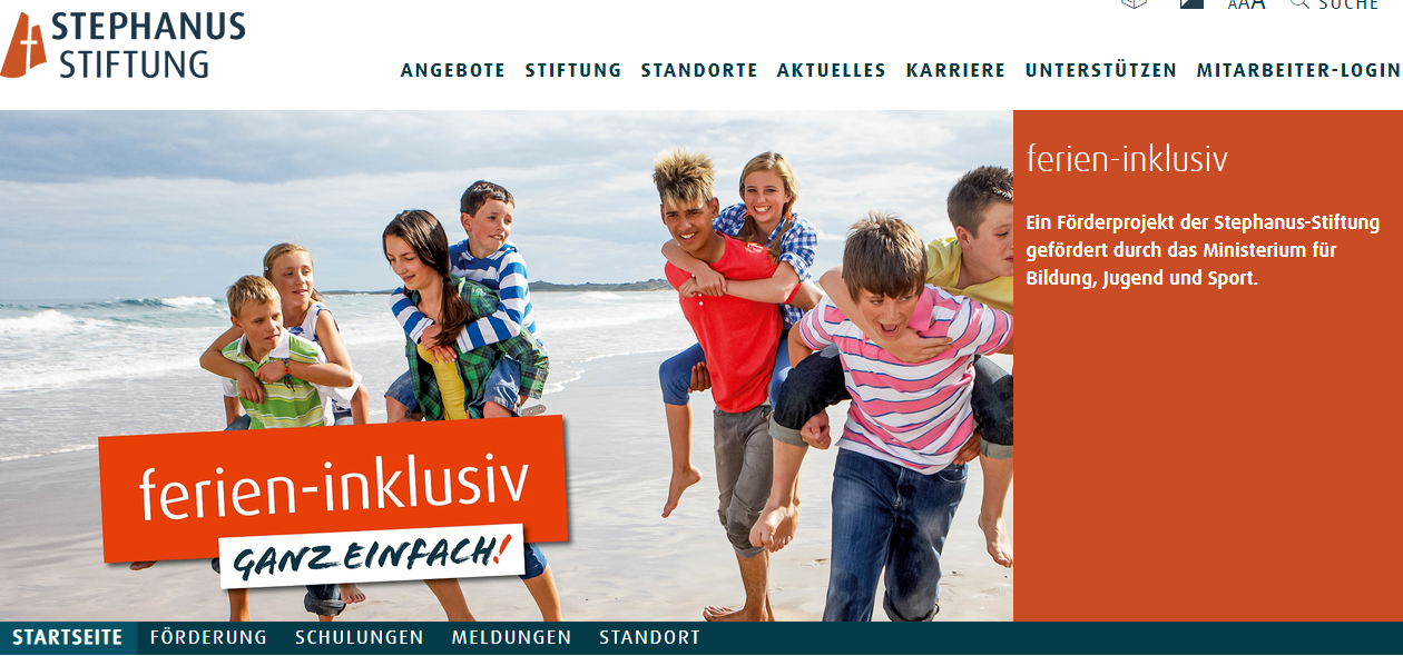 Der Screenshot der Startseite des Förderprojekts ferien-inklusiv zeigt Kinder am Strand. Fördergelder können beantragt werden.