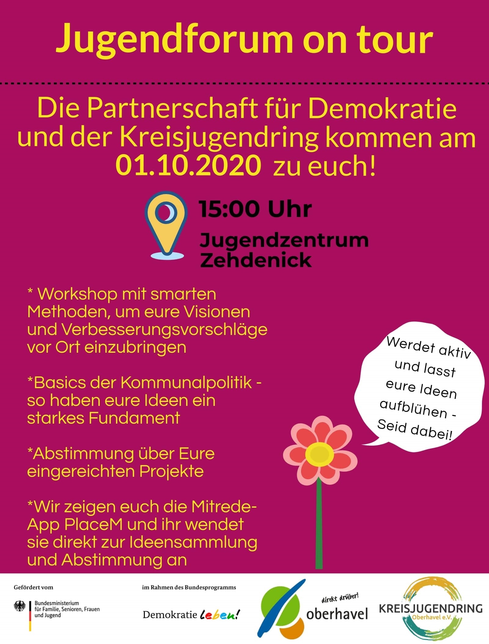 Flyer zum Jugendforum am 1. Oktober 2020 im Jugendzentrum Zehdenick