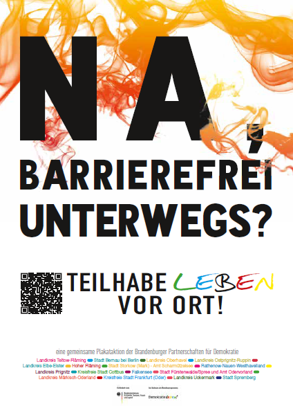 Das Plakat mit dem Titel "Na, barrierefrei unterwegs?" ist Teil der Kampagne zur Förderung und Verteidigung der demokratischen Grundwerte