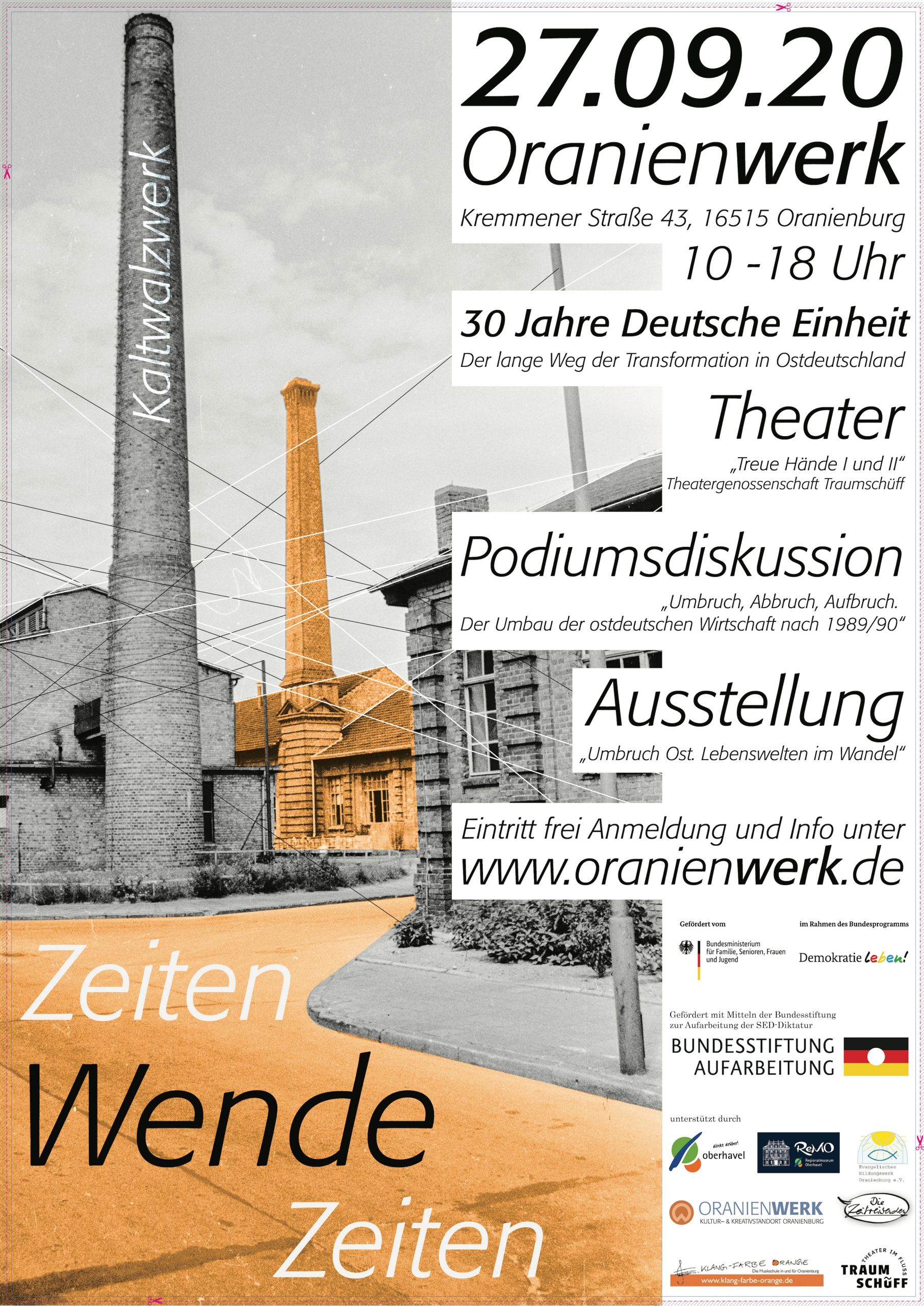 Plakat zur Veranstaltung Zeitenwende - Wendezeiten am 27. September 2020 im Oranienwerk, Oranienburg.
