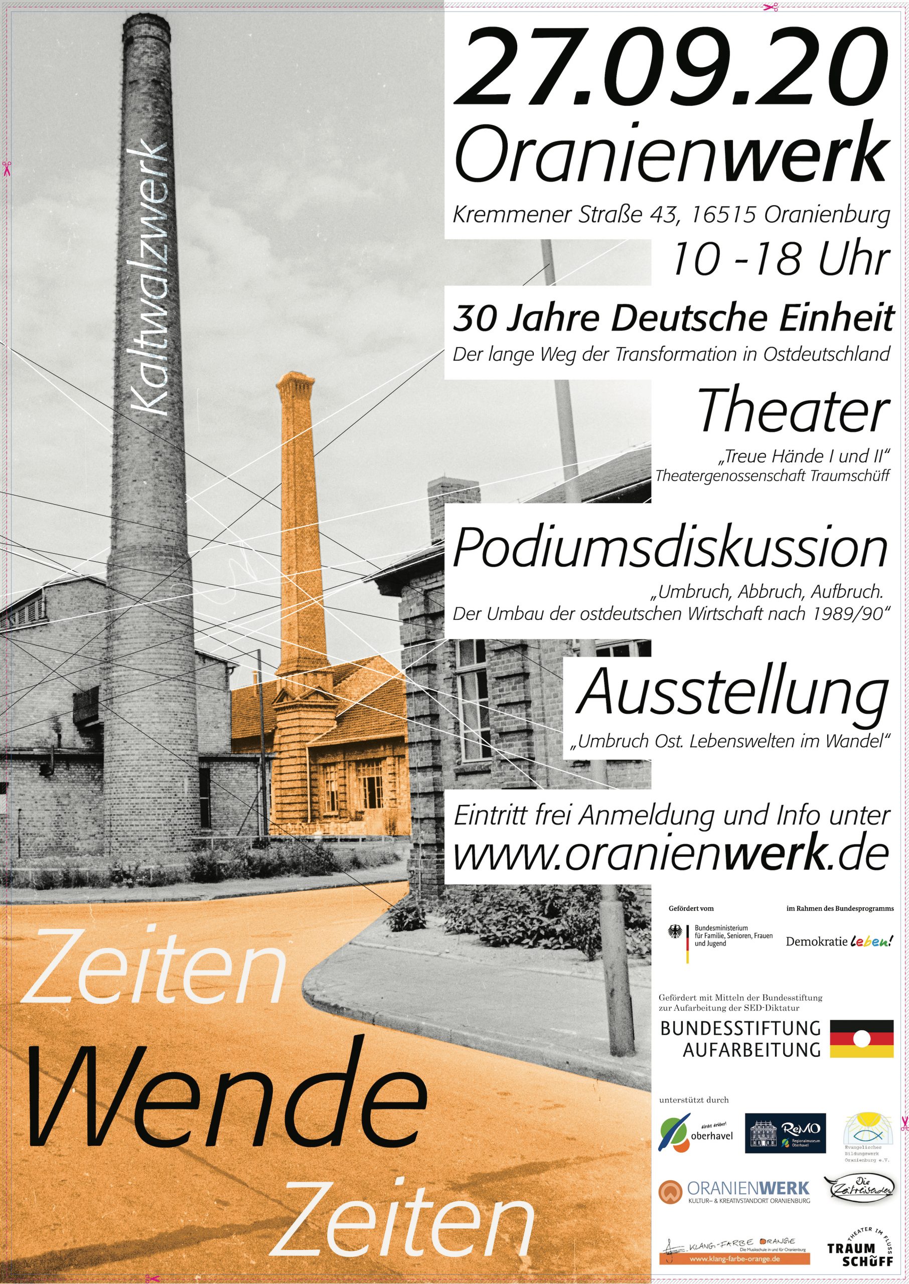 Plakat zur Veranstaltung Zeitenwende - Wendezeiten am 27. September 2020 im Oranienwerk, Oranienburg.
