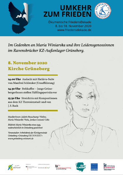 Bild zum Plakat zu: Plakat zu: Grüneberg ERINNERT am 8. November mit einer Veranstaltung in der Kirche Grüneberg. Im Gedenken an Maria Winiarska und ihre Leidensgenossinnen im Ravensbrücker KZ-Außenlager Grüneberg.