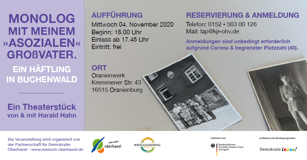 Flyer zum Theaterstück "Monolog mit meinem "asozialen" Großvater" gegen Ausgrenzung am 4. November 2020 in Oranienburg.