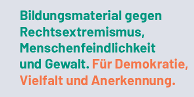 Ausschnitt vom Flyer der Vielfalt-Mediathek: Bildungsmaterial gegen Rechtsextremismus, Menschenfeindlichkeit und Gewalt. Für Demokratie, Vielfalt und Anerkennung.