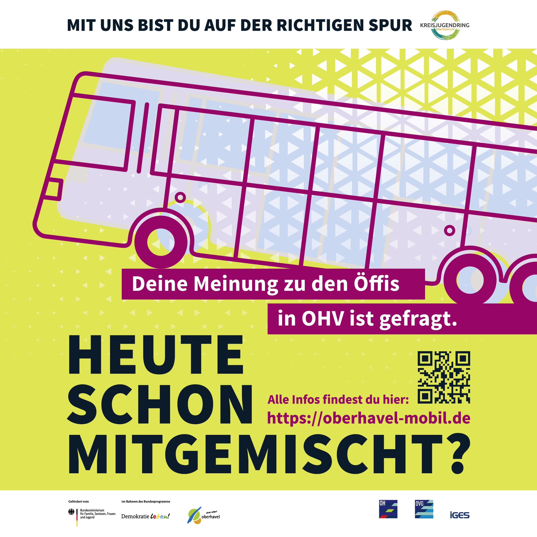 Plakat zur Umfrage "Deine Meinung zu den Öffis in OHV ist gefragt." auf oberhavel-mobil.de zeigt eine Illustration mit Bus.