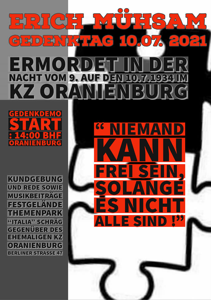 Illustrierter Flyer zum Gedenkspaziergang: Gedenken an Erich Mühsam am 10. Juli 2021 in Oranienburg