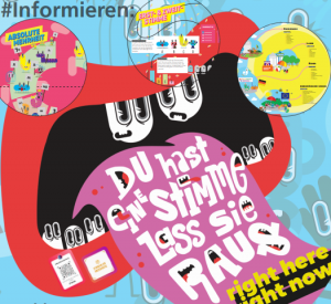 Das illustrierte Poster zur U18-Wahl fordert junge Menschen in Brandenburg auf: Du hast eine Stimme, lass sie raus.