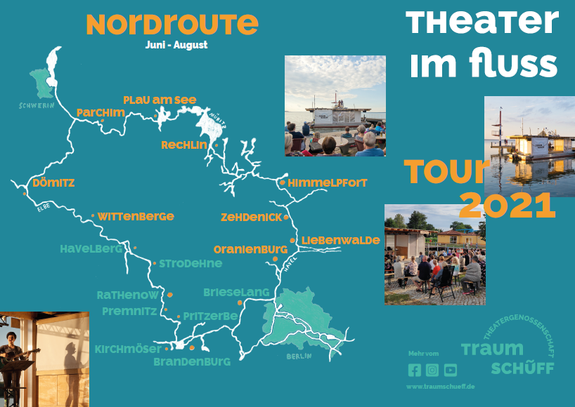 Das Bild zeigt die Route des Theaters Traumschüff, dass im Sommer 2021 durch Brandenburg und Mecklenburg tourt.