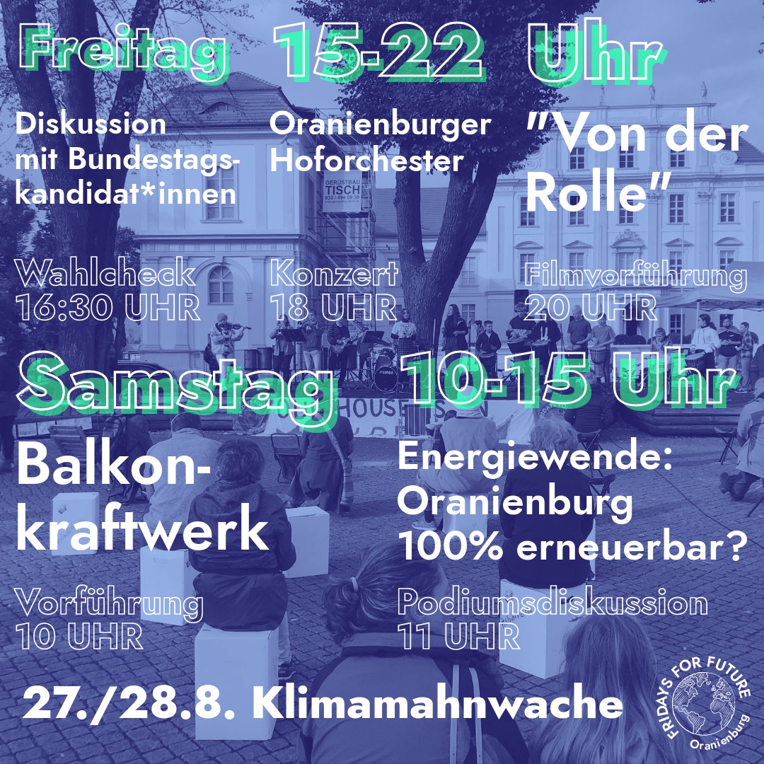 Flyer: Fridays for Future Oberhavel und Parents for Future Oberhavel laden am 27.8.2021 zu einer 24-h-Mahnwache für’s Klima ein.