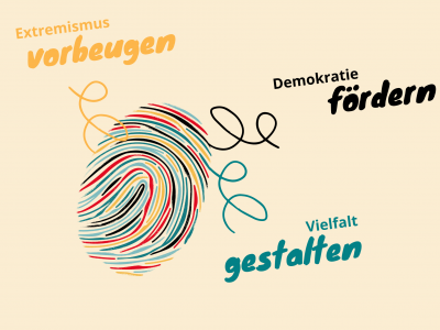Das Leitmotiv zu "Demokratie leben" im Landkreis Oberhavel ist eine Illustration mit Fingerabdruck und drei Leitsätzen