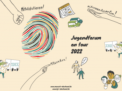 Das Motiv zur Veranstaltungsreihe "Jugendforum on tour" im Landkreis Oberhavel ist eine Illustration mit Fingerabdruck, Gruppe von Menschen, Händen, Kalender und Bus