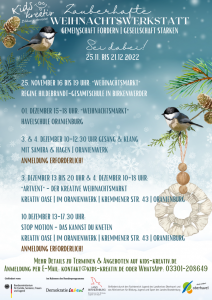 Flyer zum geförderten Projekt "Zauberhafte Weihnachtswerkstatt" mit Informationen zu Orten und Zeiten.