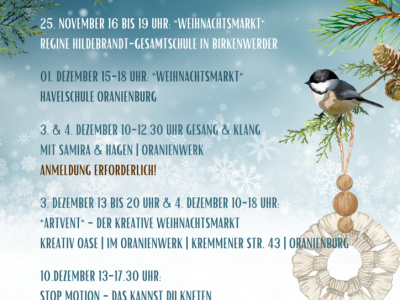 Flyer zum geförderten Projekt "Zauberhafte Weihnachtswerkstatt" mit Informationen zu Orten und Zeiten.