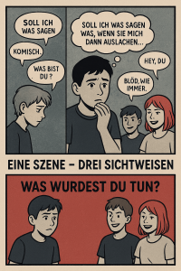 Das Motiv zeigt im Graphic-Novel-Stil Jugendliche und Sprechblasen im Kontext Antidiskriminierung