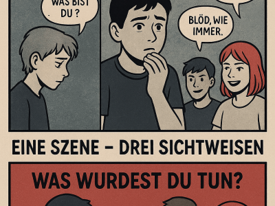 Das Motiv zeigt im Graphic-Novel-Stil Jugendliche und Sprechblasen im Kontext Antidiskriminierung