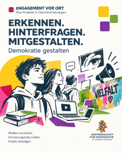Illustration zum Projekt „Demokratie gestalten“ mit farbigen grafischen Formen.