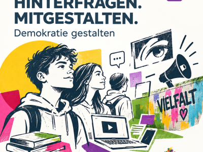 Illustration zum Projekt „Demokratie gestalten“ mit farbigen grafischen Formen.