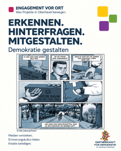 Illustration zum Projekt „Demokratie gestalten“ der Partnerschaft für Demokratie im Landkreis Oberhavel. Die grafische Darstellung verbindet Medienbildung, kreative Beteiligung und Demokratiebildung und greift die farbige, eckige Formensprache des Logos auf.