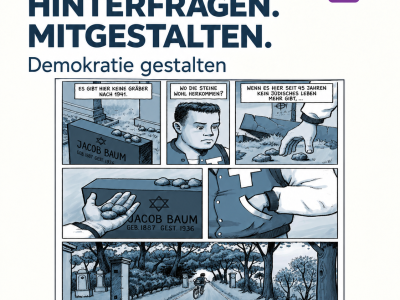 Illustration zum Projekt „Demokratie gestalten“ der Partnerschaft für Demokratie im Landkreis Oberhavel. Die grafische Darstellung verbindet Medienbildung, kreative Beteiligung und Demokratiebildung und greift die farbige, eckige Formensprache des Logos auf.