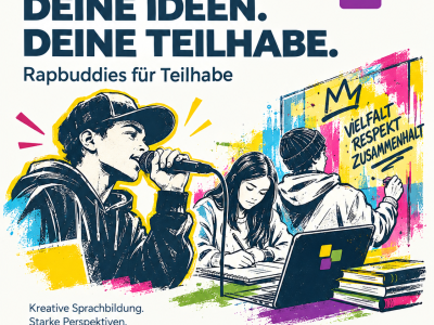 Illustration zum Projekt „Rapbuddies für Teilhabe“ mit jungen Menschen beim Rappen und kreativen Schreiben.