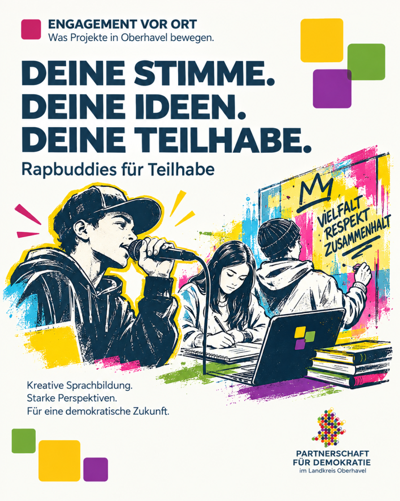 Illustration zum Projekt „Rapbuddies für Teilhabe“ mit jungen Menschen beim Rappen und kreativen Schreiben.